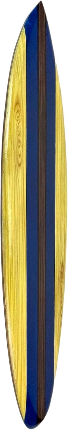 Vintage-style blue striped wooden surfboard