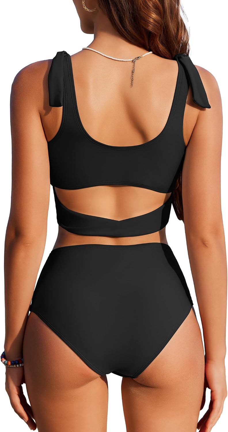 Women High Waisted Bikini Sets Scoop Neck Two Piece Swimsuits Sporty Bathing Suits Swimwear
