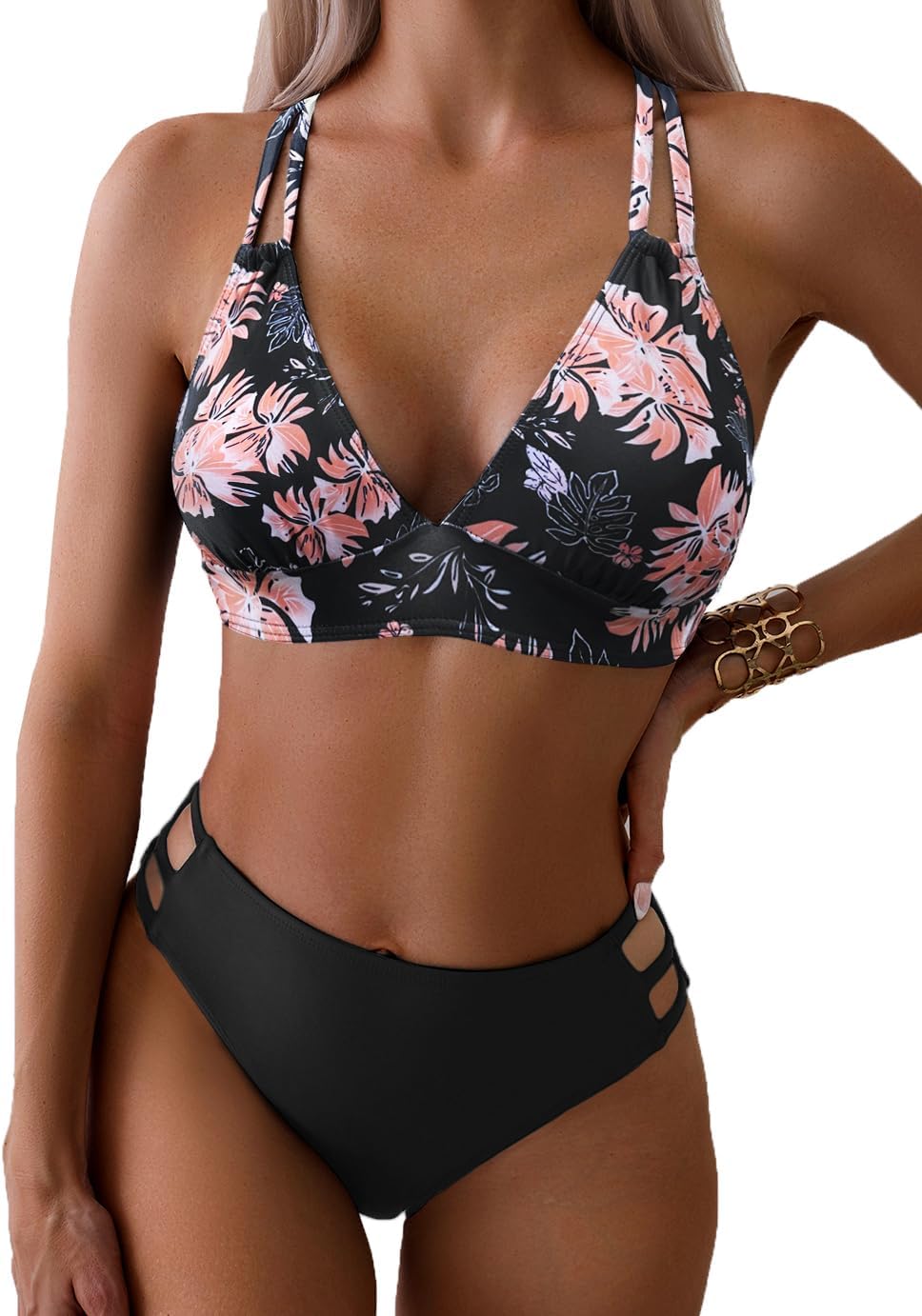 Women Sexy V Neck Bikini Sets Hollow Out Two Piece Swimsuits Cutout Mid Waist Bathing Suit