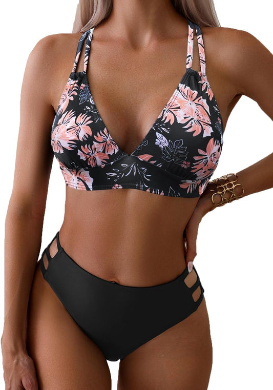 Women Sexy V Neck Bikini Sets Hollow Out Two Piece Swimsuits Cutout Mid Waist Bathing Suit