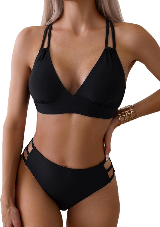 Women Sexy V Neck Bikini Sets Hollow Out Two Piece Swimsuits Cutout Mid Waist Bathing Suit