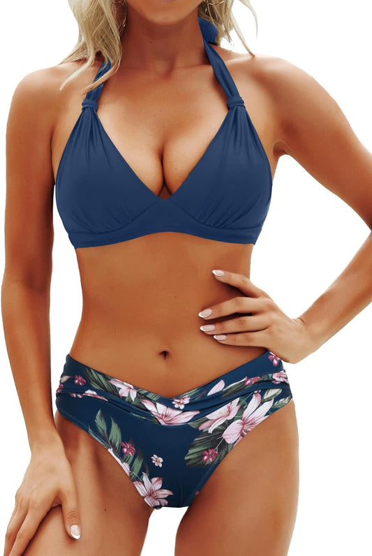 Women Two Piece Bathing Suits Push Up Bikini Set Halter Swimsuit Vintage Swimwear