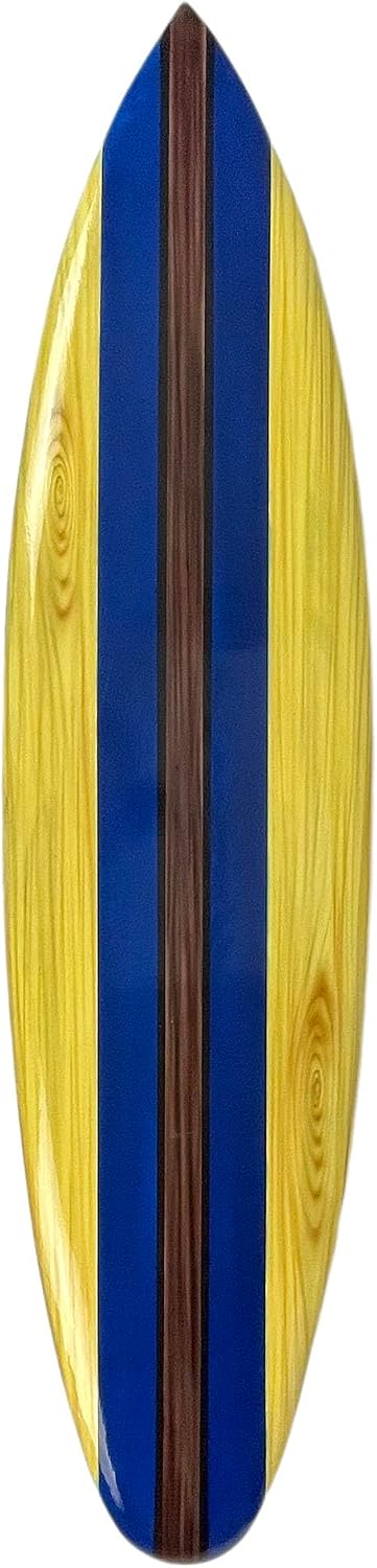 Vintage-style blue striped wooden surfboard