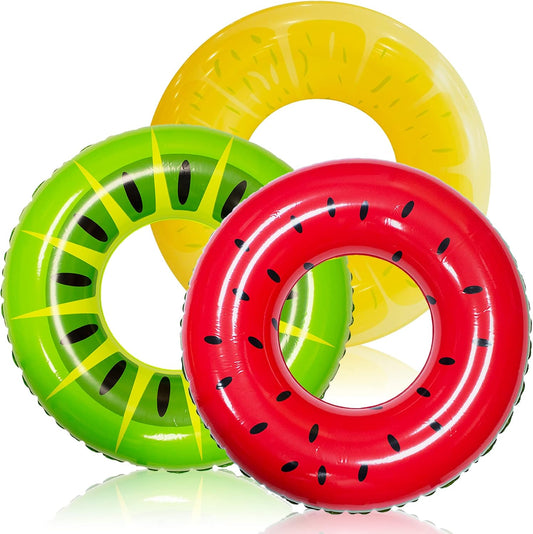 Inflatable Swim Tube Raft (3 pack) with Summer Fruits Painting, Pool Toys for Swimming Pool Party Decorations