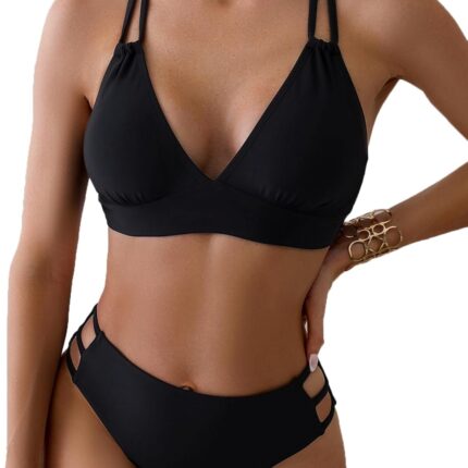Women Sexy V Neck Bikini Sets Hollow Out Two Piece Swimsuits Cutout Mid Waist Bathing Suit