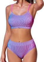 Women Bikini Set Two Piece Swimsuits High Waisted Scoop Neck Spaghetti Adjustable Straps Textured
