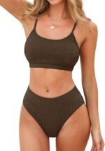 Women Bikini Set Two Piece Swimsuits High Waisted Scoop Neck Spaghetti Adjustable Straps Textured